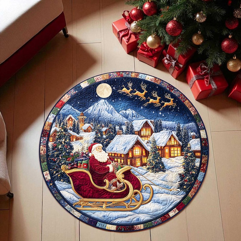 Home Xmas Decor Ideas - Okrągła wycieraczka świąteczna z motywem sanki